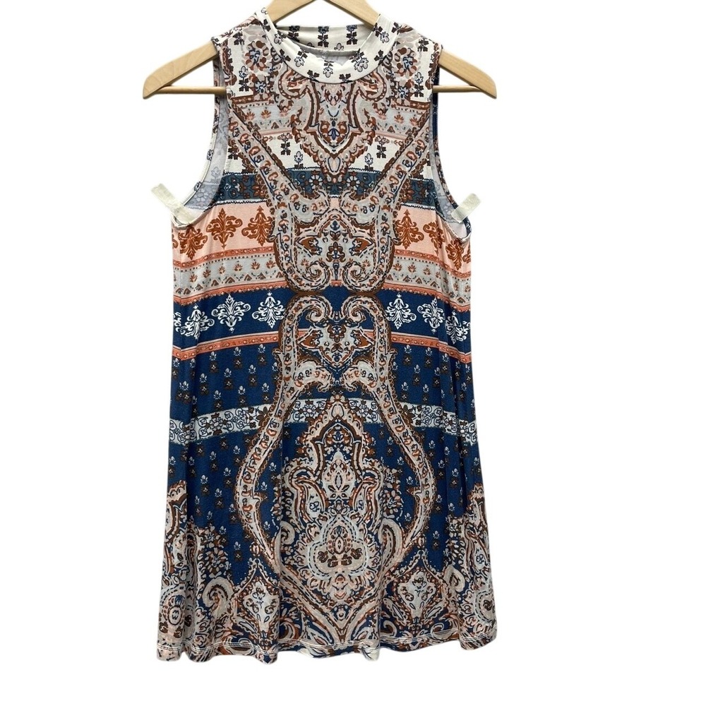 ONeill Womens XS Blue Orange Paisley Mock Neck Sleeveless Mini Dress Boho Surf
